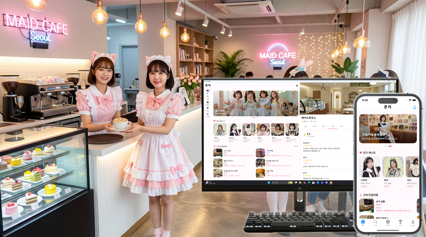 메이드 카페 배경과 콘카 앱 화면 소개 이미지